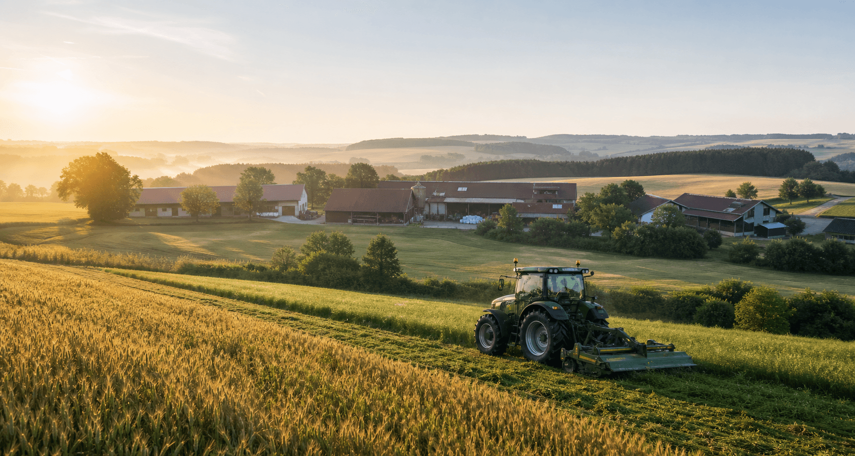 Moderner landwirtschaftlicher Betrieb mit Feldern und Traktor im Morgenlicht